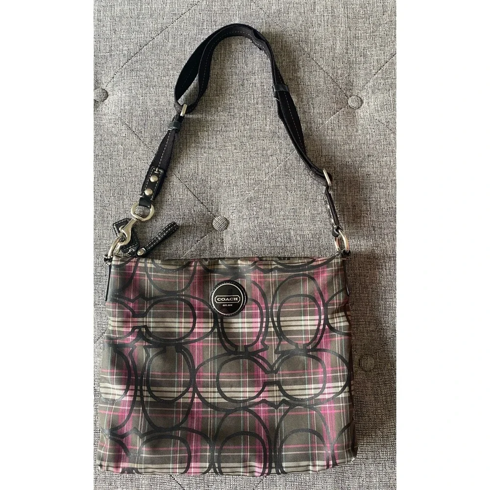 Coach Poppy Tartan Gray Pink Plaid Crossbody‎ Bag Glitter Purse F17710